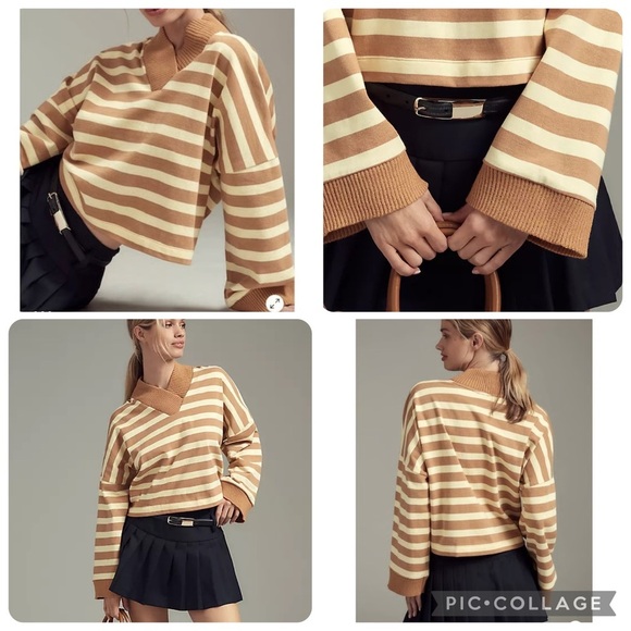 NWT new medium Anthropologie Maeve cotton boxy v-neck top tan yellow stripe - Picture 11 of 16